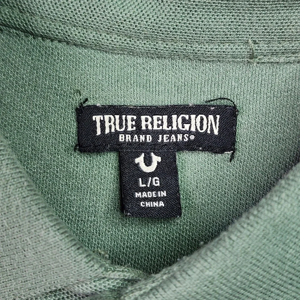 True Religion Polo Shirt Mens Large Green Short Sleeve Horseshoe Logo‎ Excellent